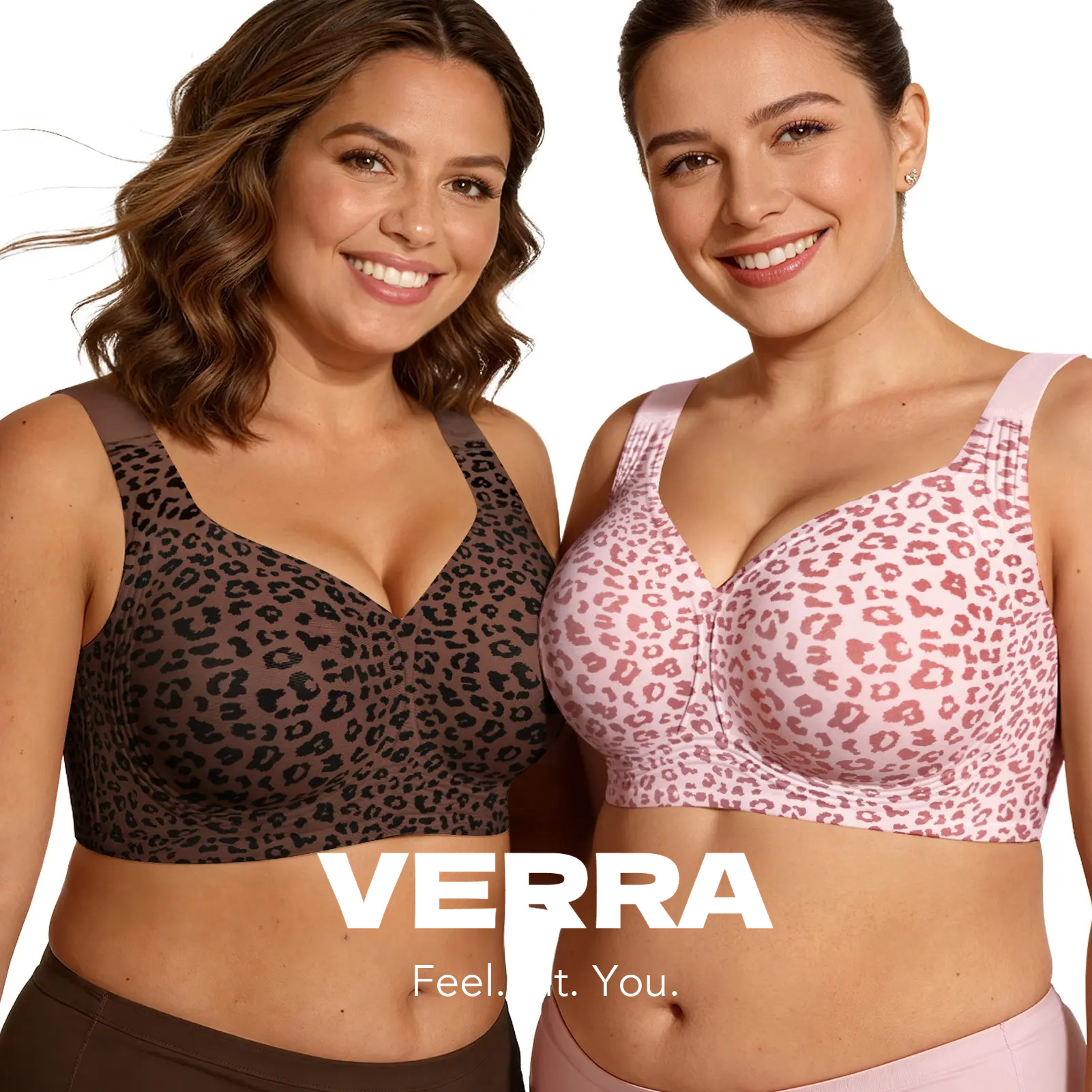 VERRA everyday bras in brown and pink leopard prints, shown on two models